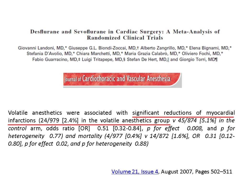 Volatile anesthetics were associated with significant reductions of myocardial infarctions (24/979 [2.4%] in the